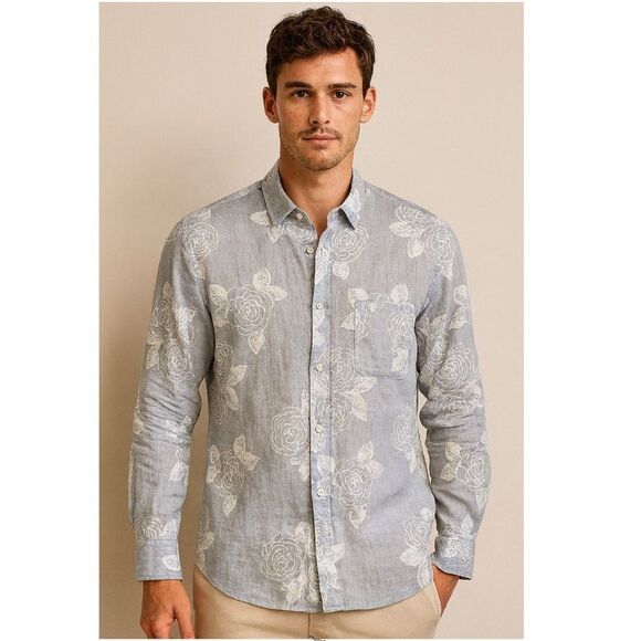 Blue by Saks Fifth Avenue Floral Linen Long Sleeved Slim Fit Button Down Shirt - Picture 1 of 11